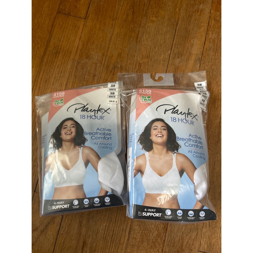 Playtex 18 Hour Active Breathable Comfort Wirefree Bra 36B White 4159 2pk NWT